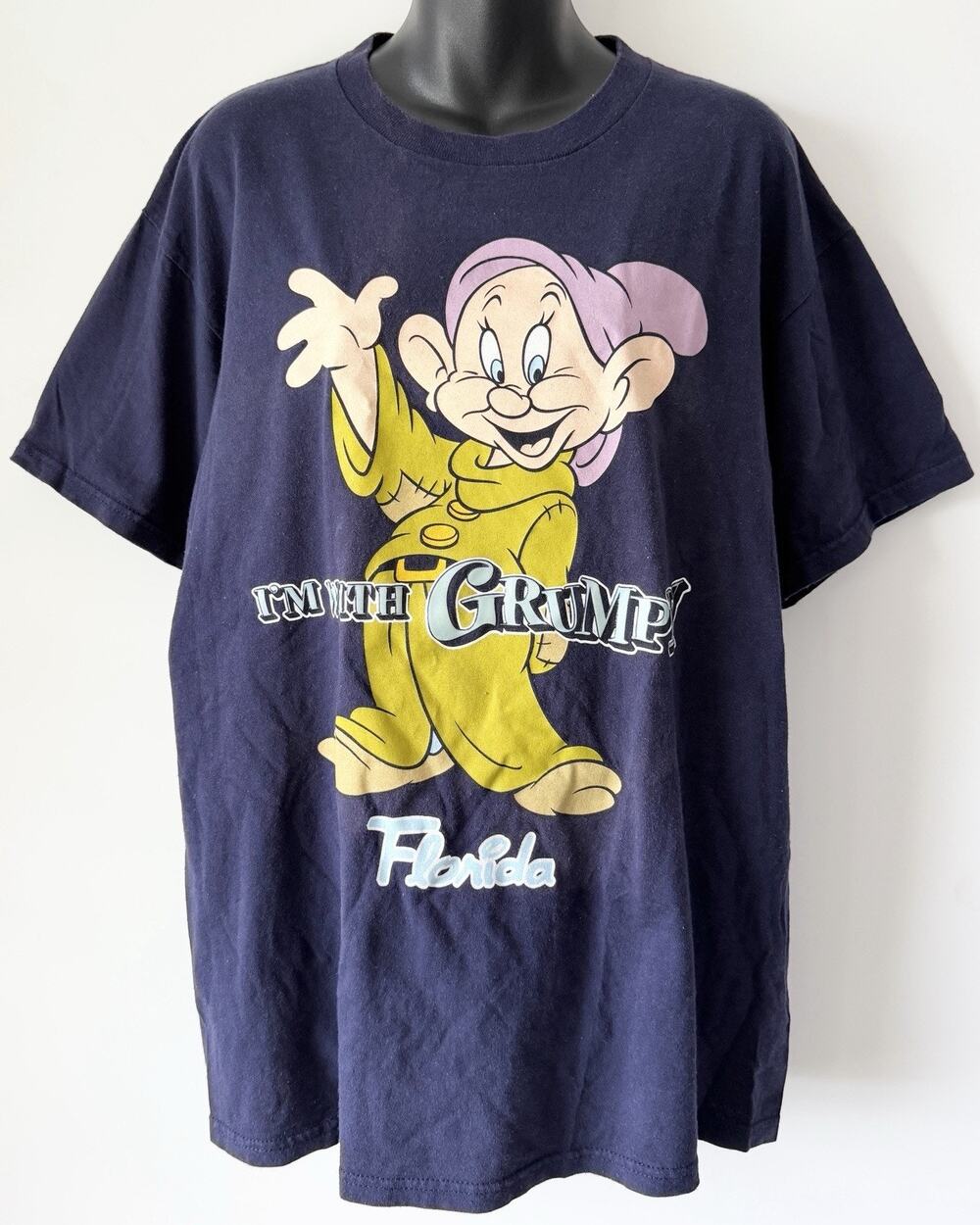 Disney World Dopey Grumpy T Shirt Navy Blue Snow White Dwarfs Florida Vintage